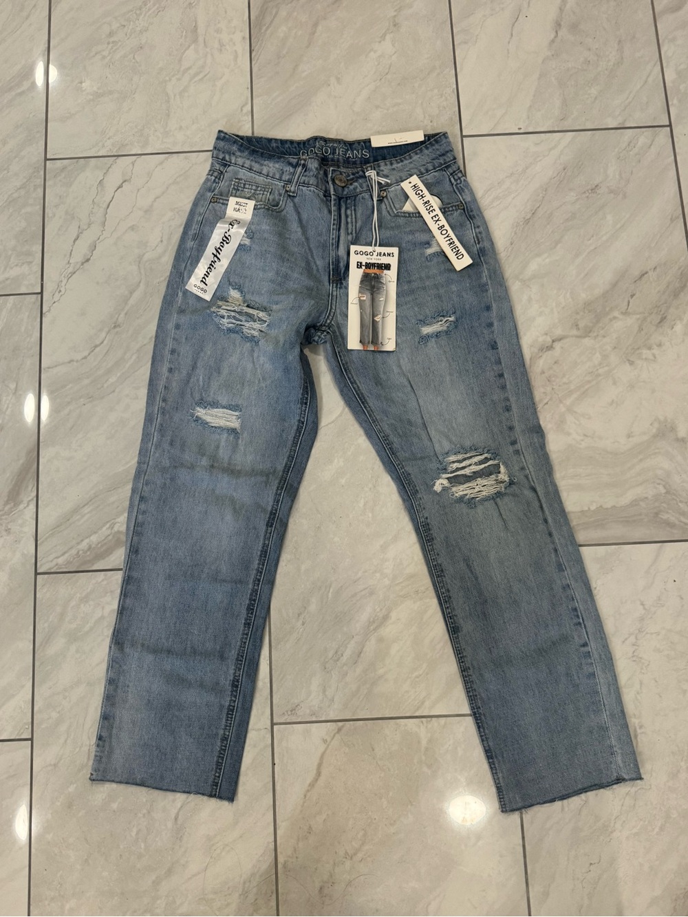 GOGO Women Boyfriend Jeans - Light Blue Distressed